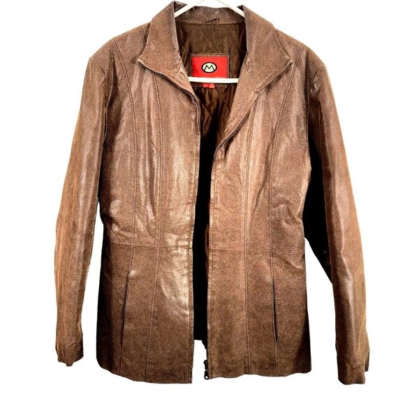 Marc Mattis Chestnut Brown Y2K Distressed Leather Women M Zipper Blazer Jacket - Picture 1 of 11